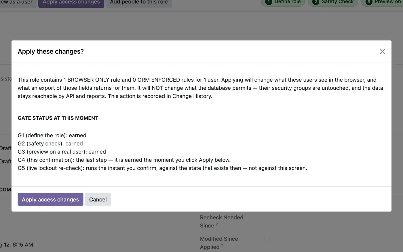 The apply confirmation dialog, counting how many rules in the role are BROWSER ONLY and how many are ORM ENFORCED, above the five gate steps.