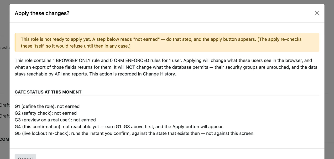 The apply dialog in its refused state: a banner reading not ready to apply yet, five gate steps each marked not earned, and no apply button.