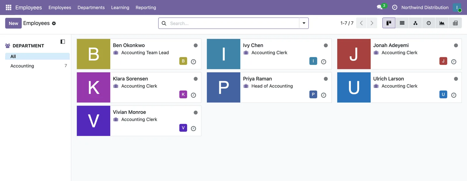 The same Odoo employee kanban narrowed to 7 employee cards.