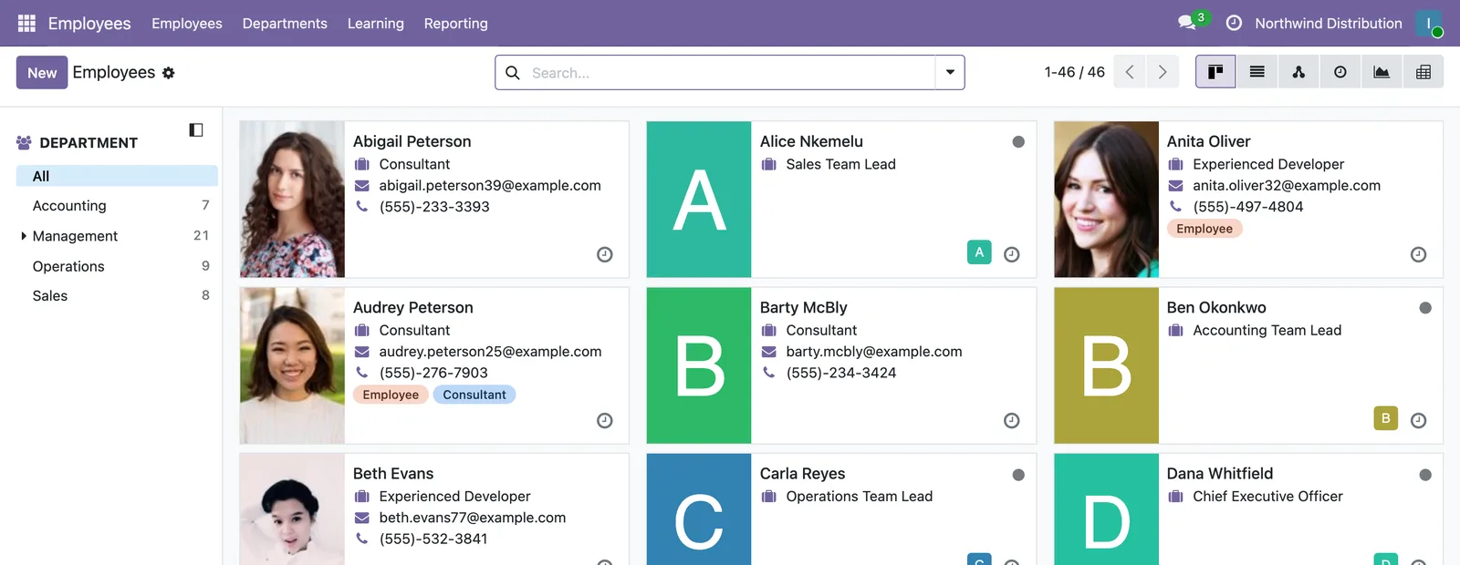 An Odoo 19 employee list with every record open to the viewer.