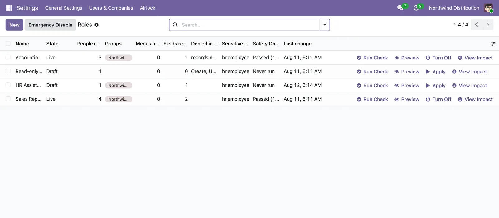 The Airlock Roles list, with columns for state, people reached, groups, menus hidden, fields readonly, safety check and last change, and per-row actions.