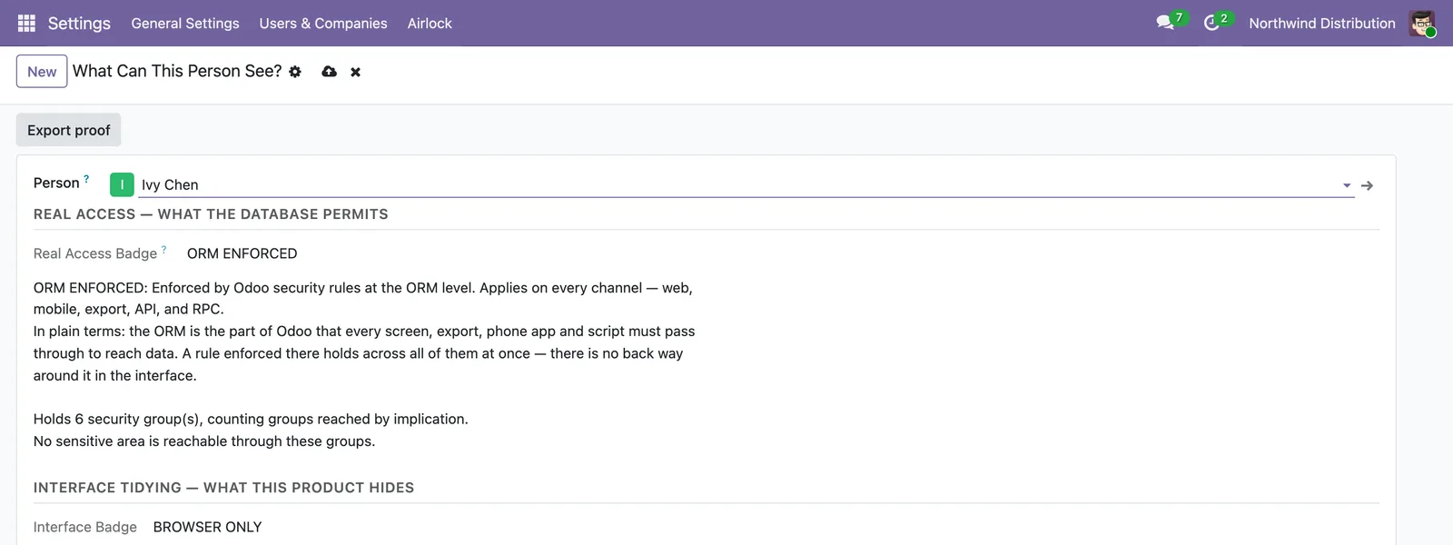 The Airlock "What Can This Person See?" screen for one named Odoo user, with an Export proof button above a real-access section showing the ORM ENFORCED badge and a group count, and an interface-tidying section showing the BROWSER ONLY badge.